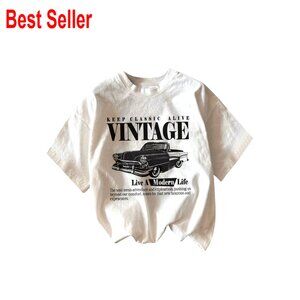Graphic Letter Tee Drop Shoulder Vintage Car Print Summer T-Shirt